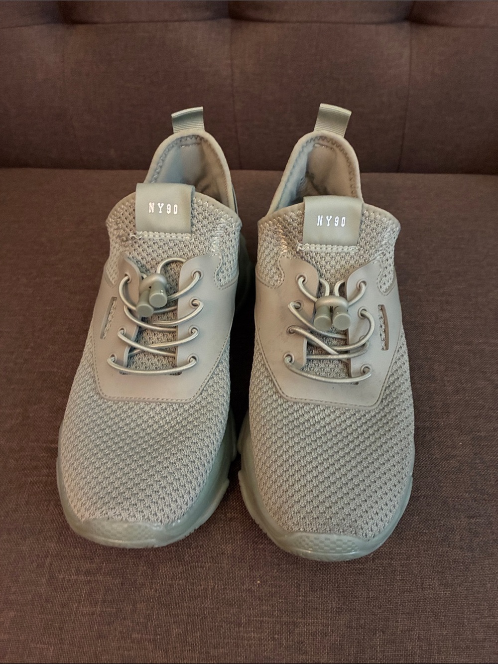 Steve Madden NY90 Slip-On Knit Sneakers in light olive green with silver glitter